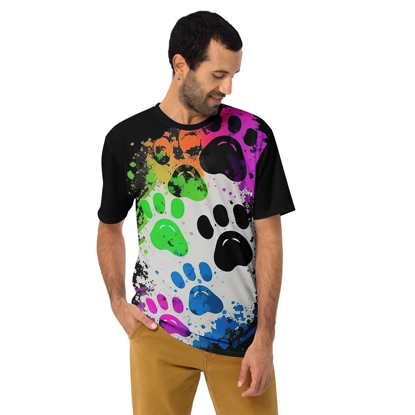 EzPanda™ Men's Neon Pink Paw Parade - Stylish Watercolor Print Tee (Black)