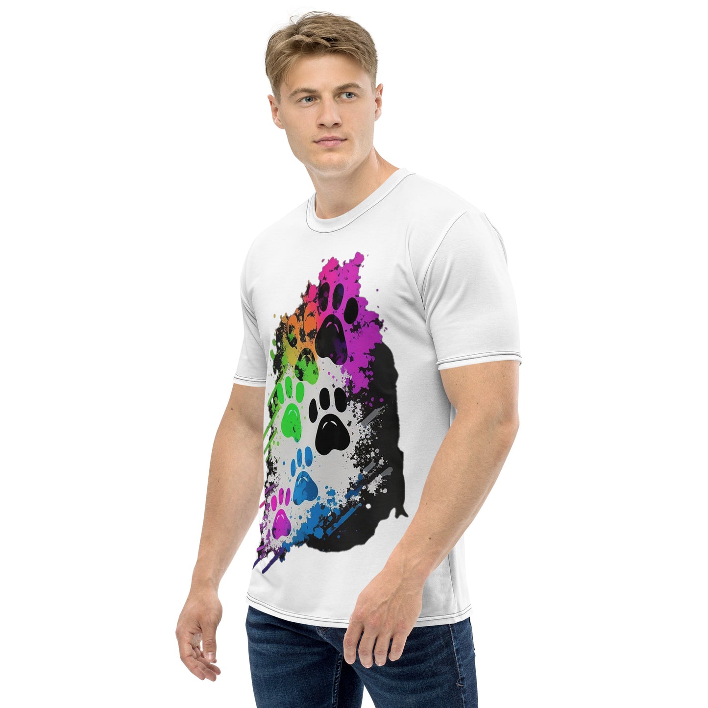 EzPanda™ Men's Neon Pink Paw Parade - Stylish Watercolor Print Tee