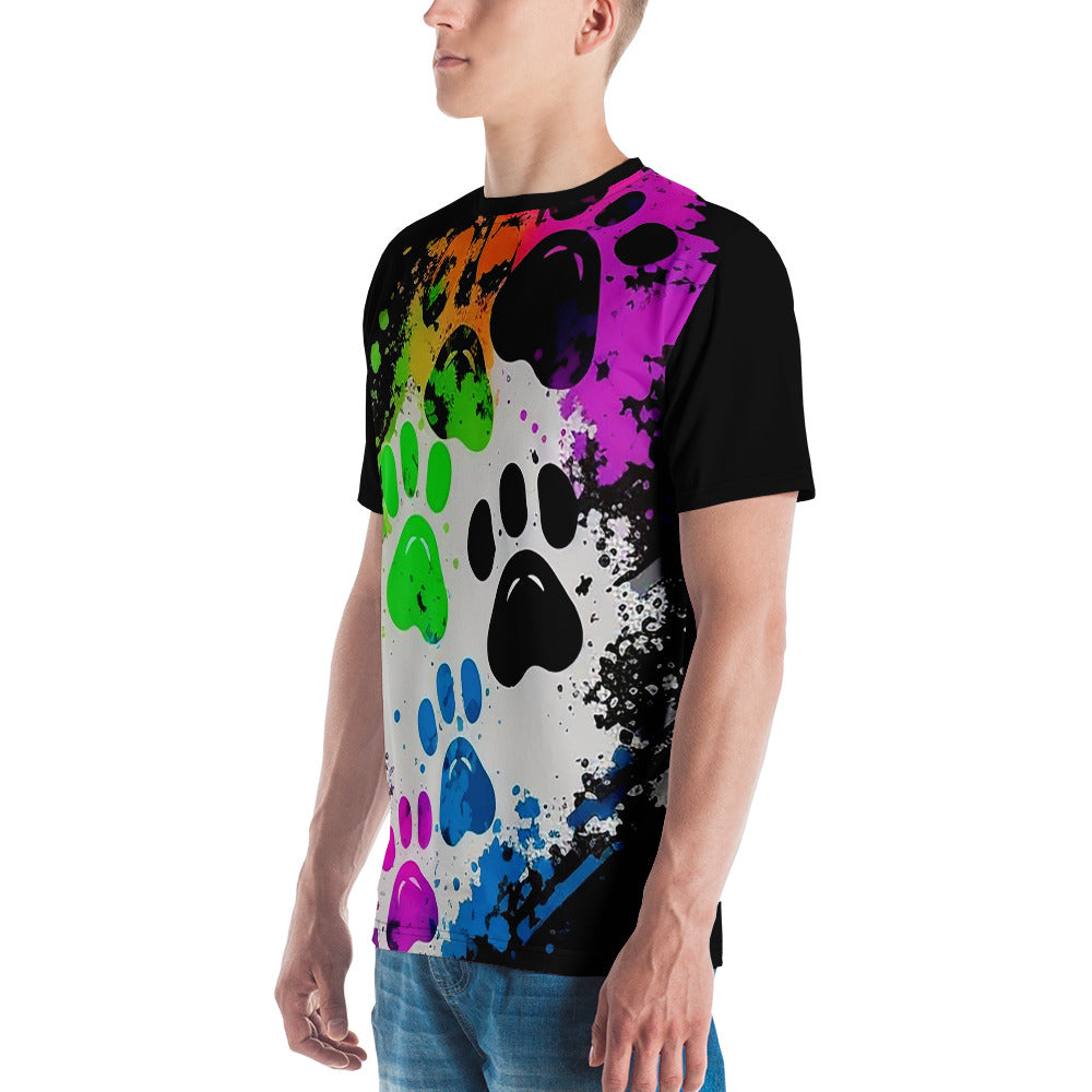 EzPanda™ Men's Neon Pink Paw Parade - Stylish Watercolor Print Tee (Black)