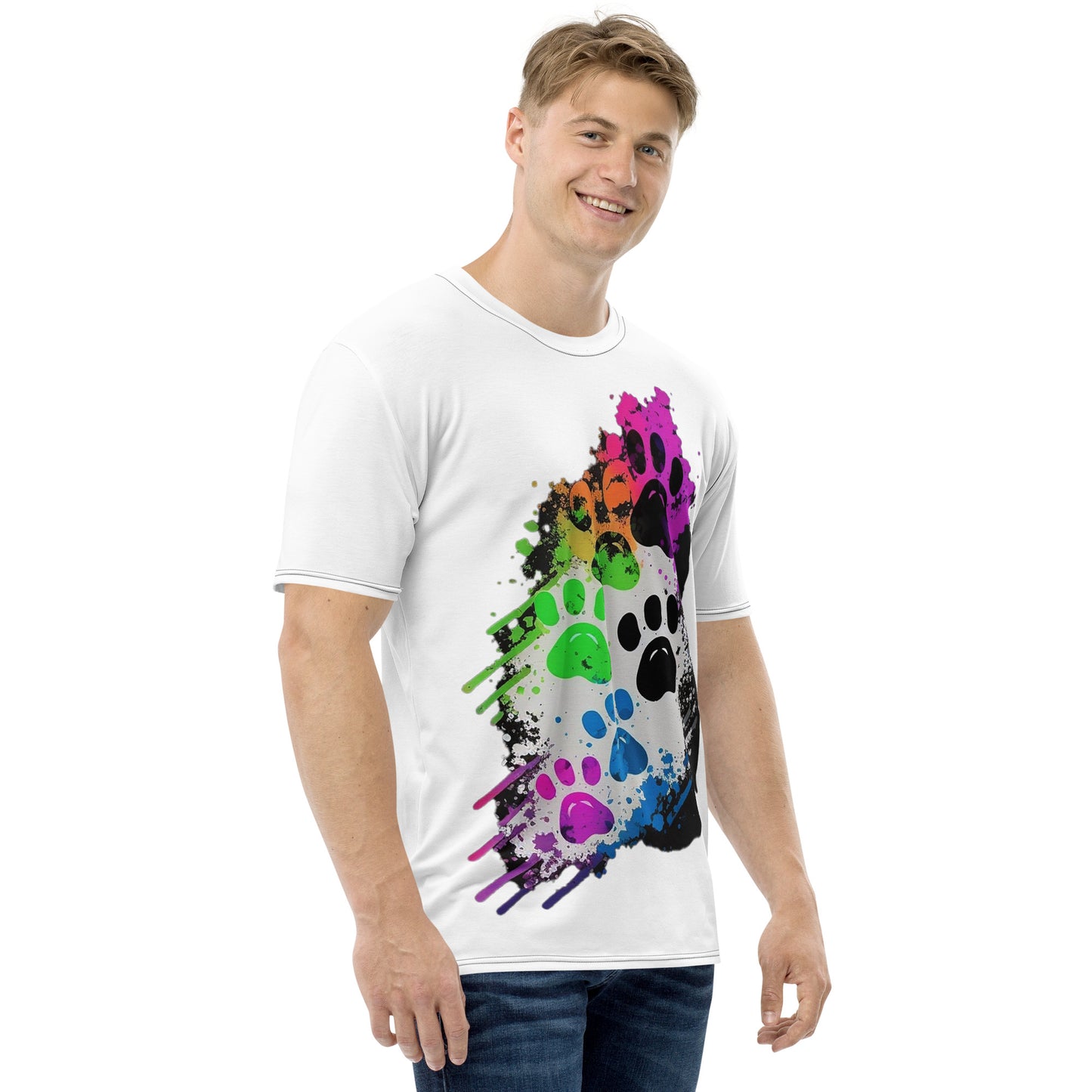 EzPanda™ Men's Neon Pink Paw Parade - Stylish Watercolor Print Tee