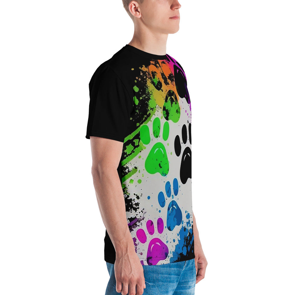 EzPanda™ Men's Neon Pink Paw Parade - Stylish Watercolor Print Tee (Black)