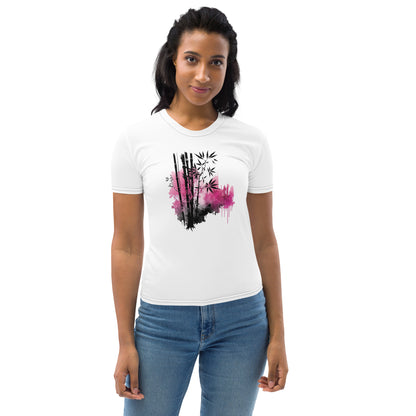 EzPanda™ Whimsical Bamboo Bliss: Neon Pink Watercolor Women's Crew Neck Tee