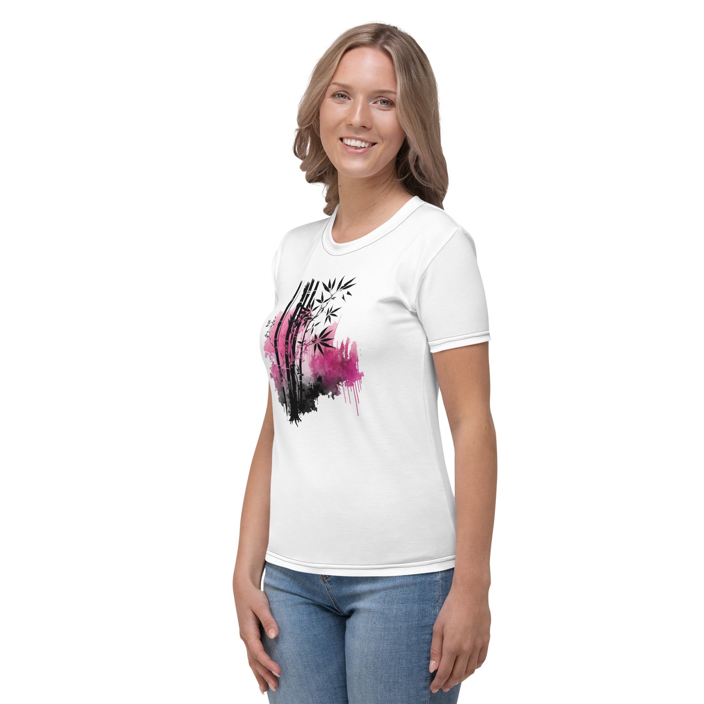 EzPanda™ Whimsical Bamboo Bliss: Neon Pink Watercolor Women's Crew Neck Tee