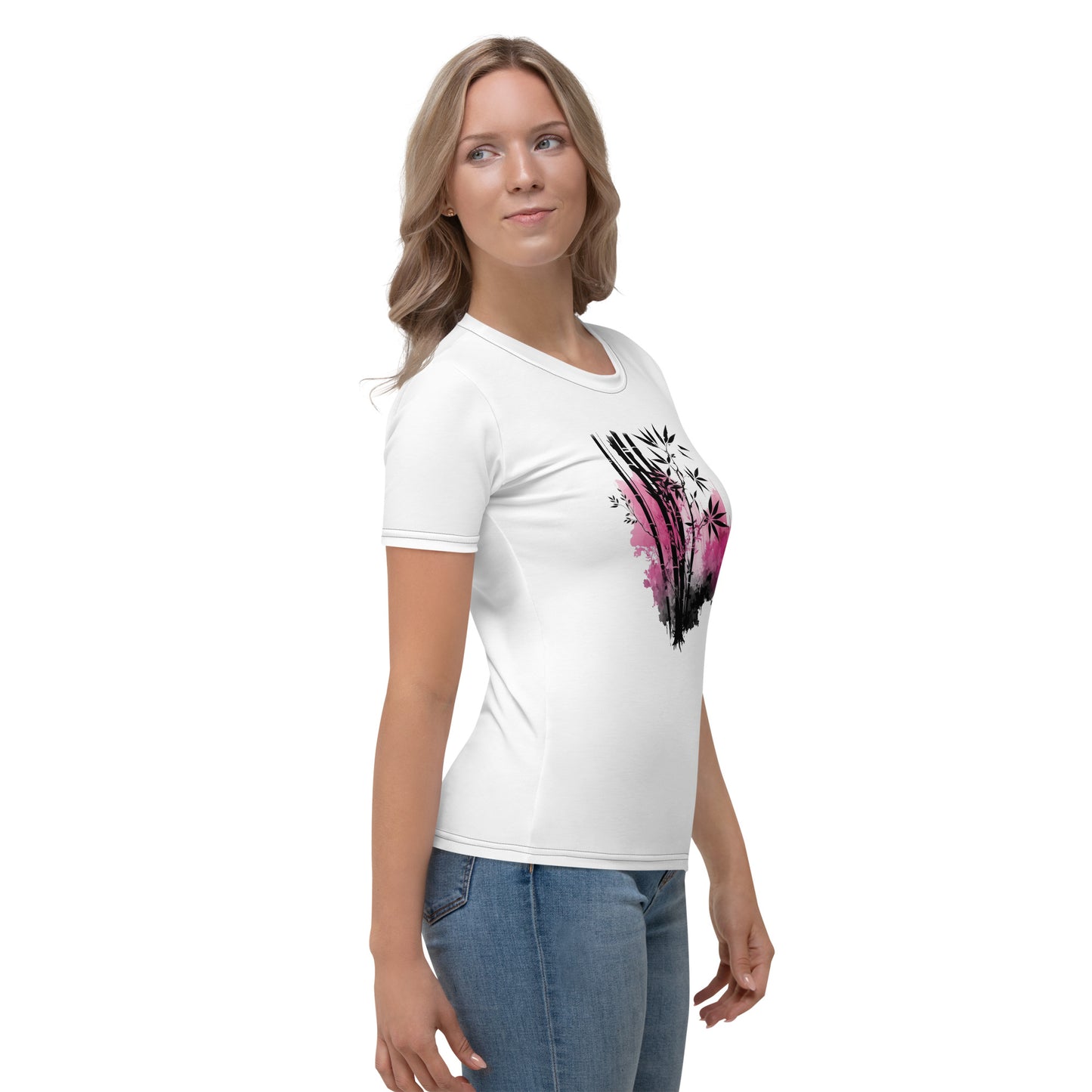 EzPanda™ Whimsical Bamboo Bliss: Neon Pink Watercolor Women's Crew Neck Tee